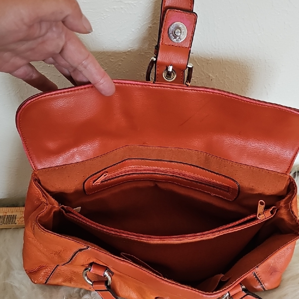 Vintage Elegant Orange genuine Leather Shoulder Bag multi compartments soft - Picture 12 of 14